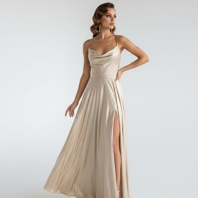 Evening Dress in Champagne Gold - Model Wearing