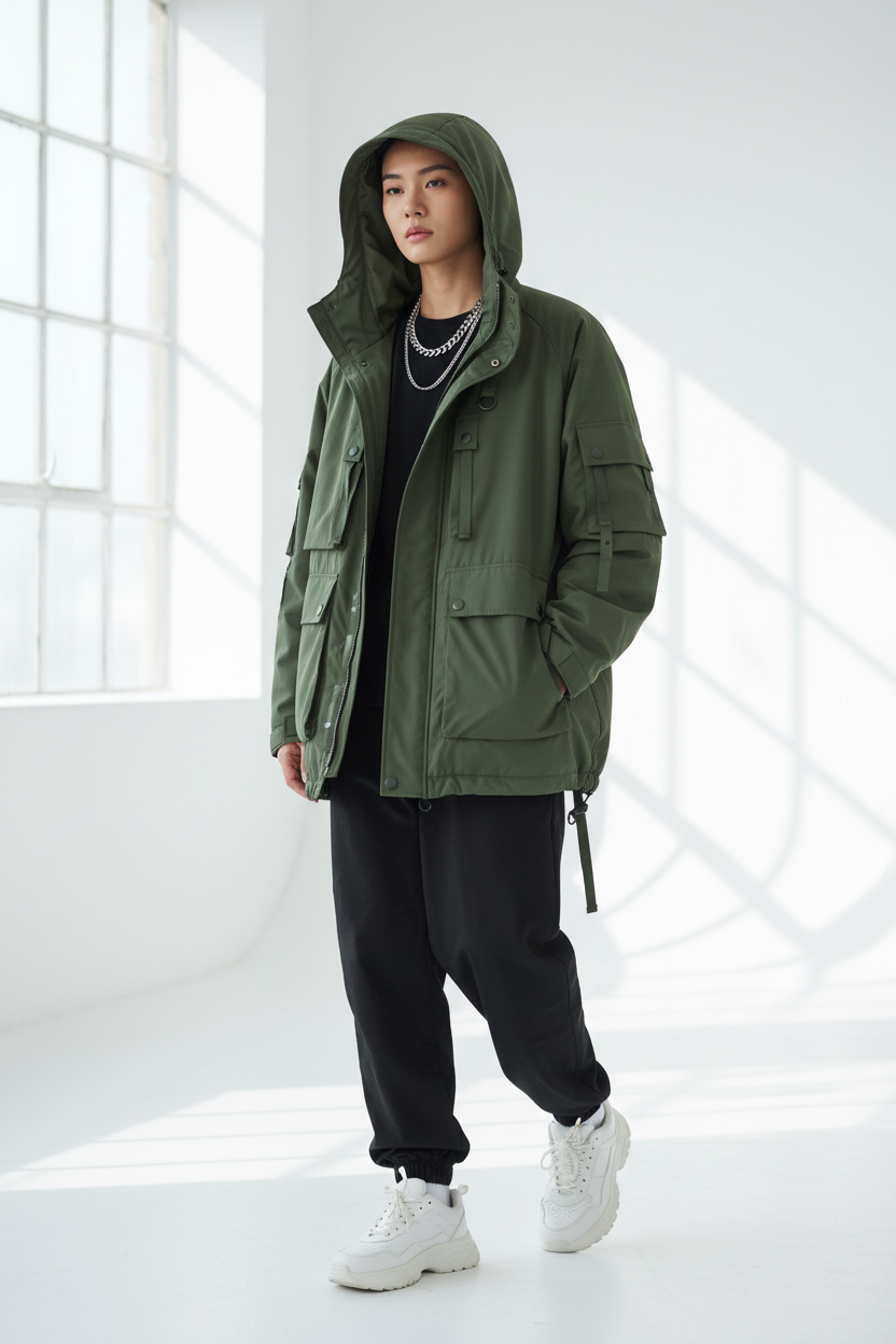 Hooded Jacket in Army Green - Model Wearing