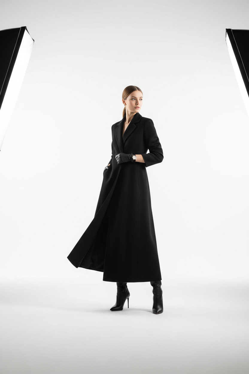 Long Coat in Black - Model Wearing
