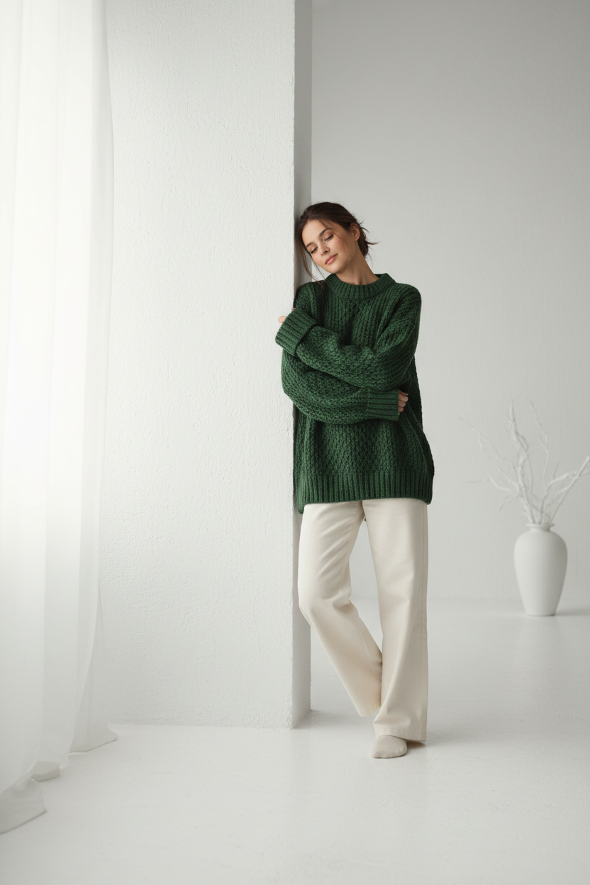 Knit Sweater in Forest Green - Model Wearing