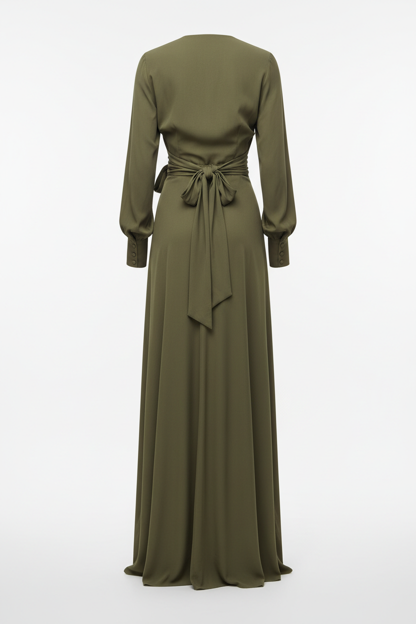 Wrap Dress in Olive Green - Back View