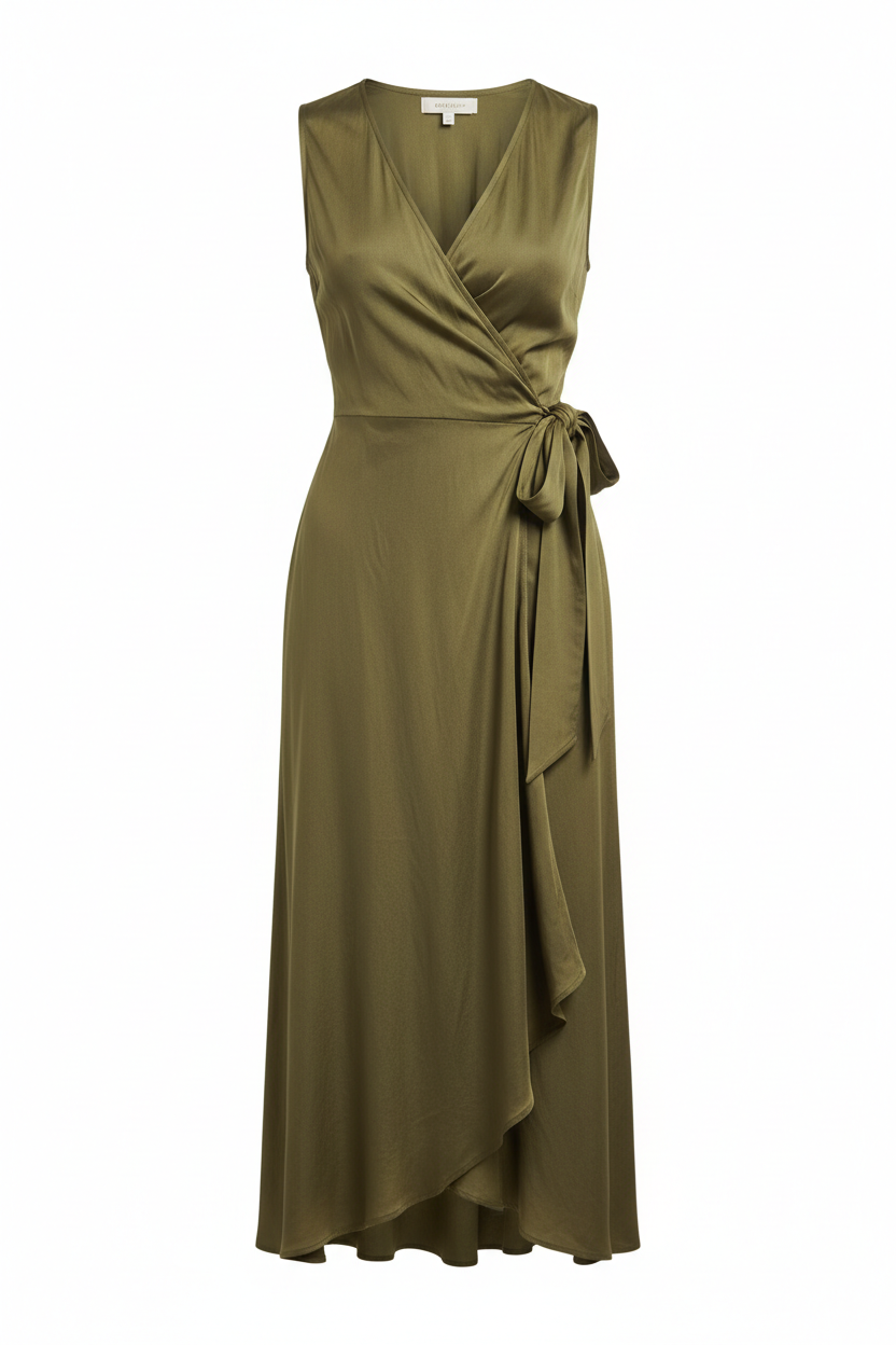 Wrap Dress in Olive Green - Front View
