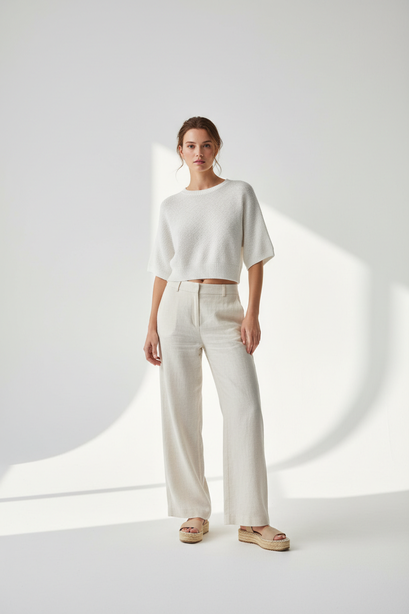 Crop Top in Soft White - Model Wearing