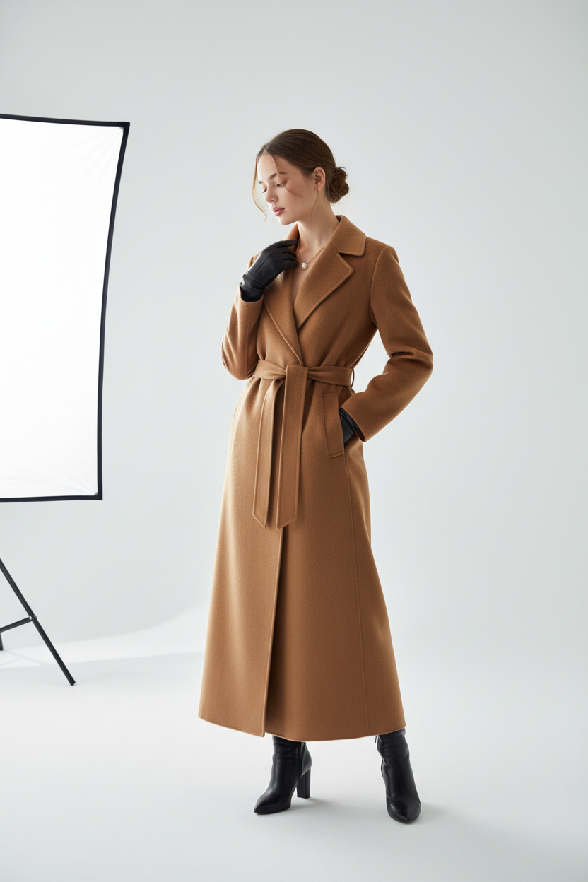 Long Coat in Camel Brown - Model Wearing