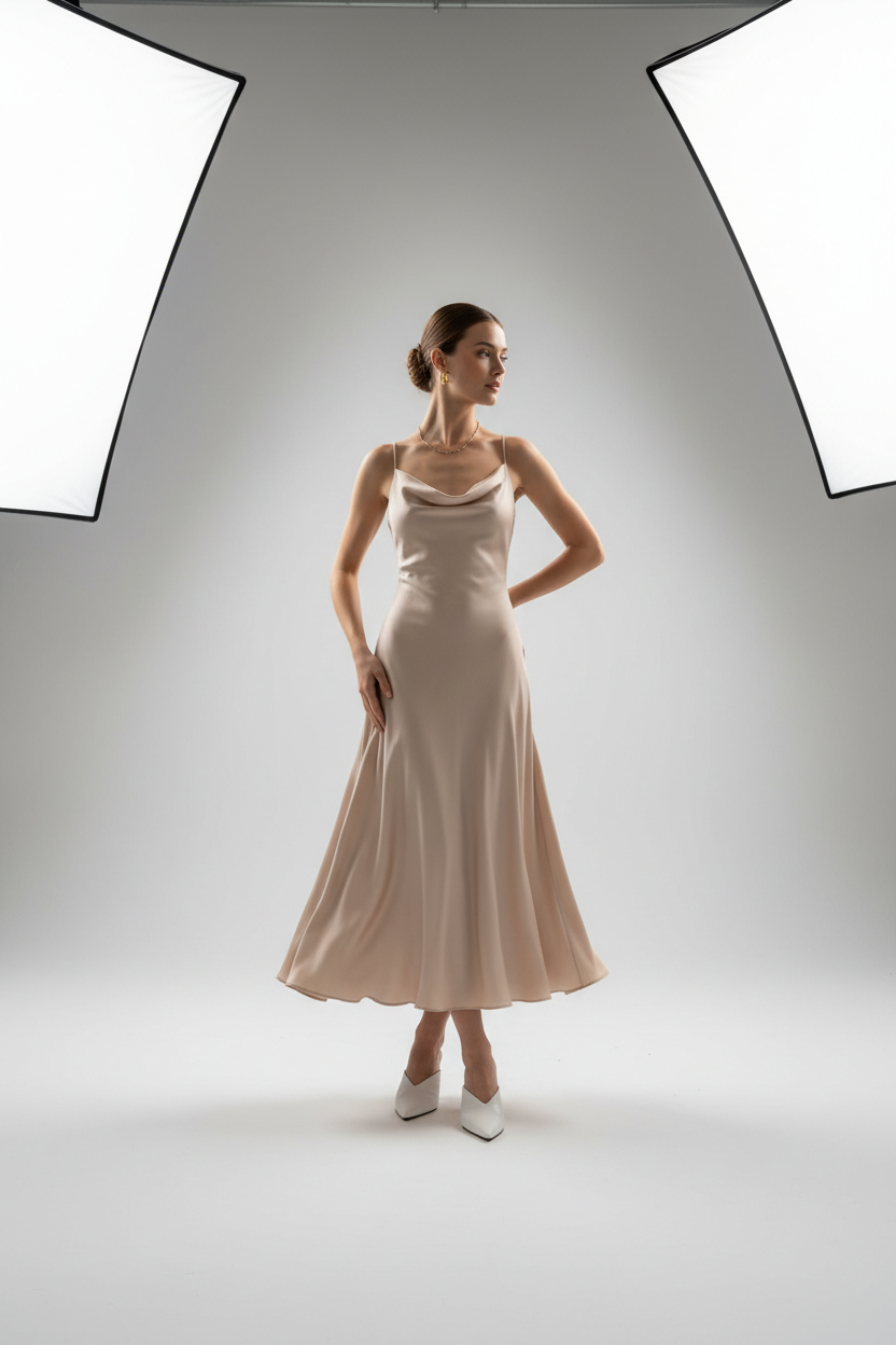 Midi Dress in Soft Beige - Model Wearing