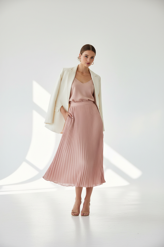 Pleated Skirt in Blush Pink - Model Wearing