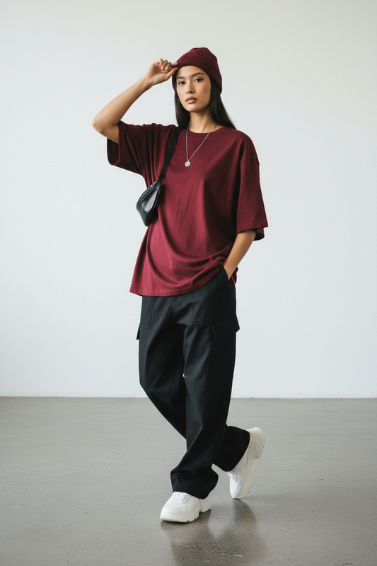 Oversized T-Shirt in Deep Wine Red - Back View
