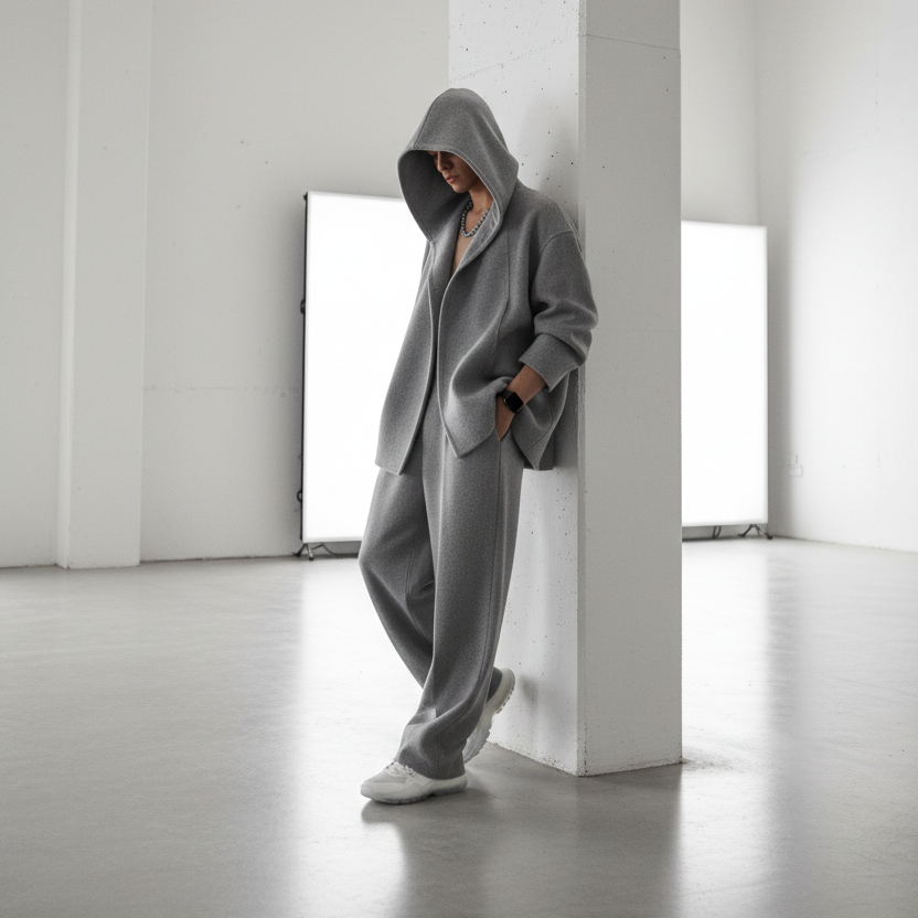 Hooded Jacket in Stone Gray - Model Wearing