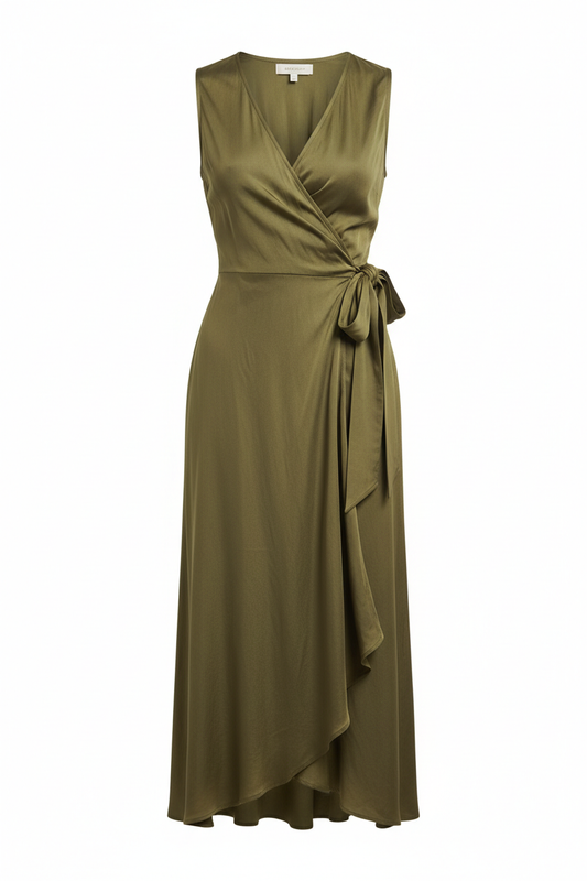 Wrap Dress in Olive Green - Front View